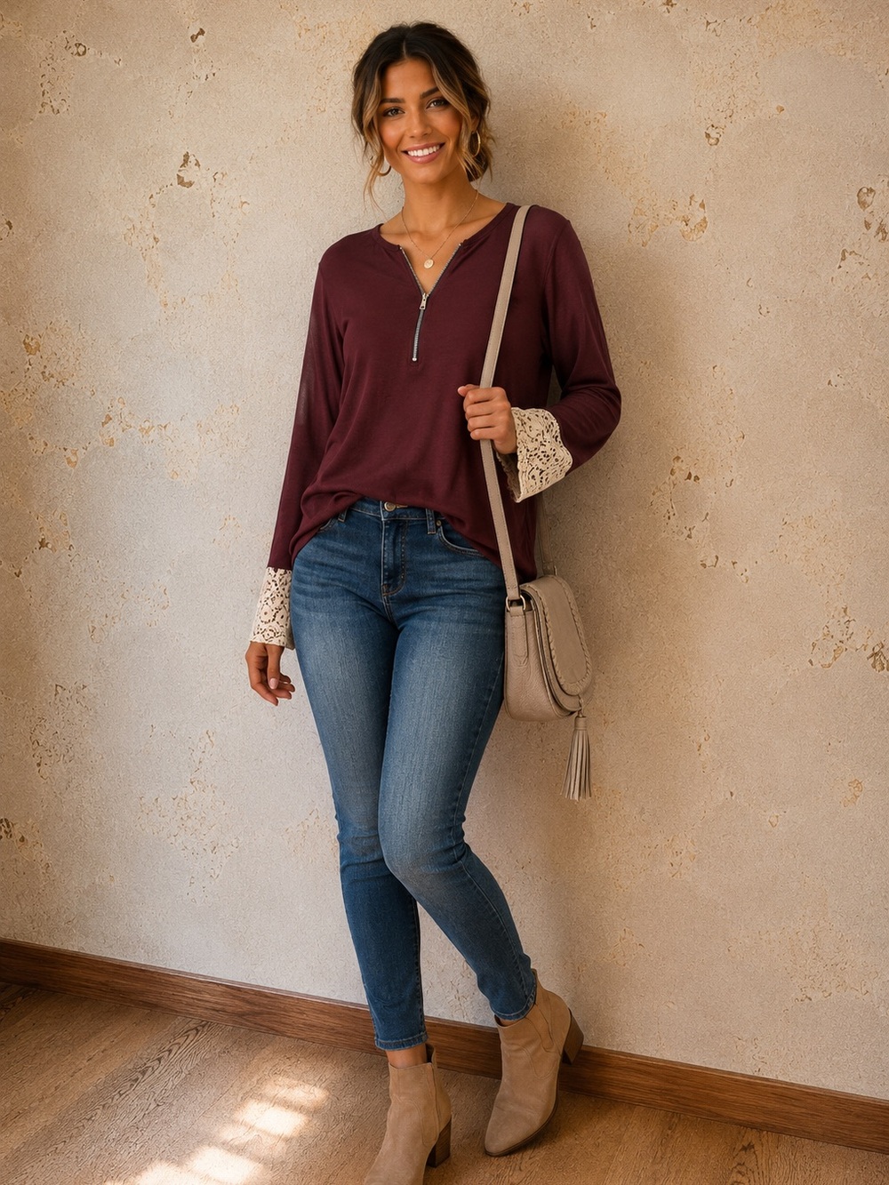 Burgundy Lace Cuff Quarter Zip Top Boho Long Sleeve Fall Size Large